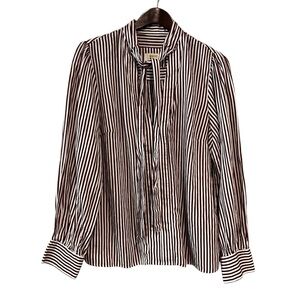 Anthropologie Maeve Tie Neck Red White Stripe Puff Long Sleeve Blouse Size Large